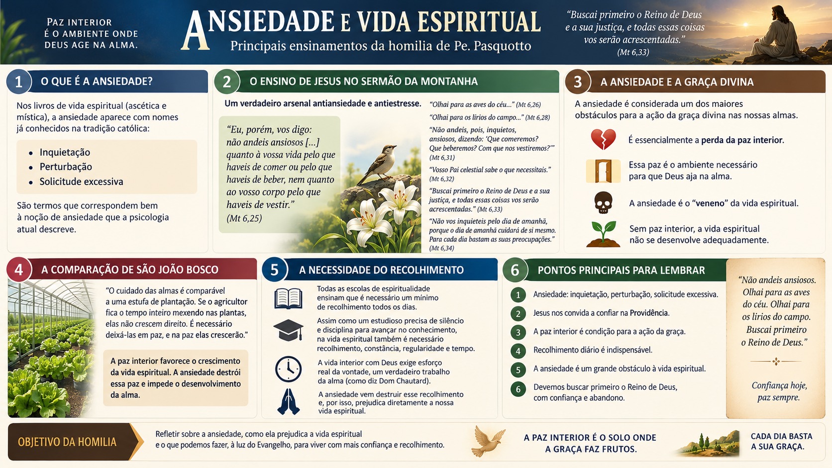 Quadro-resumo em seis painéis: o que é a ansiedade, o ensino de Jesus no Sermão da Montanha, a ansiedade e a graça divina, a comparação da estufa de São João Bosco, a necessidade do recolhimento e os pontos principais para lembrar.