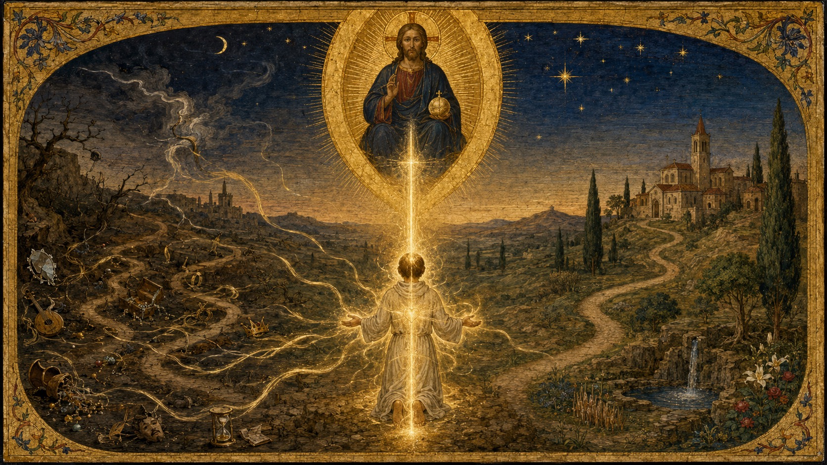 Iluminura em moldura dourada. No alto, Cristo entronizado numa mandorla de ouro, a mão direita erguida em bênção e o orbe na esquerda, com raios que se abrem por todo o céu estrelado. Ao centro, embaixo, um homem ajoelhado de costas, com os braços abertos, atravessado por uma coluna de luz que desce até ele. À esquerda, uma terra escura e seca, de árvores mortas e cidade em ruínas, onde jazem despojos de uma vida dispersa, uma coroa caída, uma máscara, uma ampulheta, um alaúde, joias derramadas e taças tombadas, e fios de luz que se desviam e se perdem. À direita, um vale fértil ao amanhecer, com fonte de água viva, flores, ciprestes e um caminho que sobe até uma igreja no alto da colina.