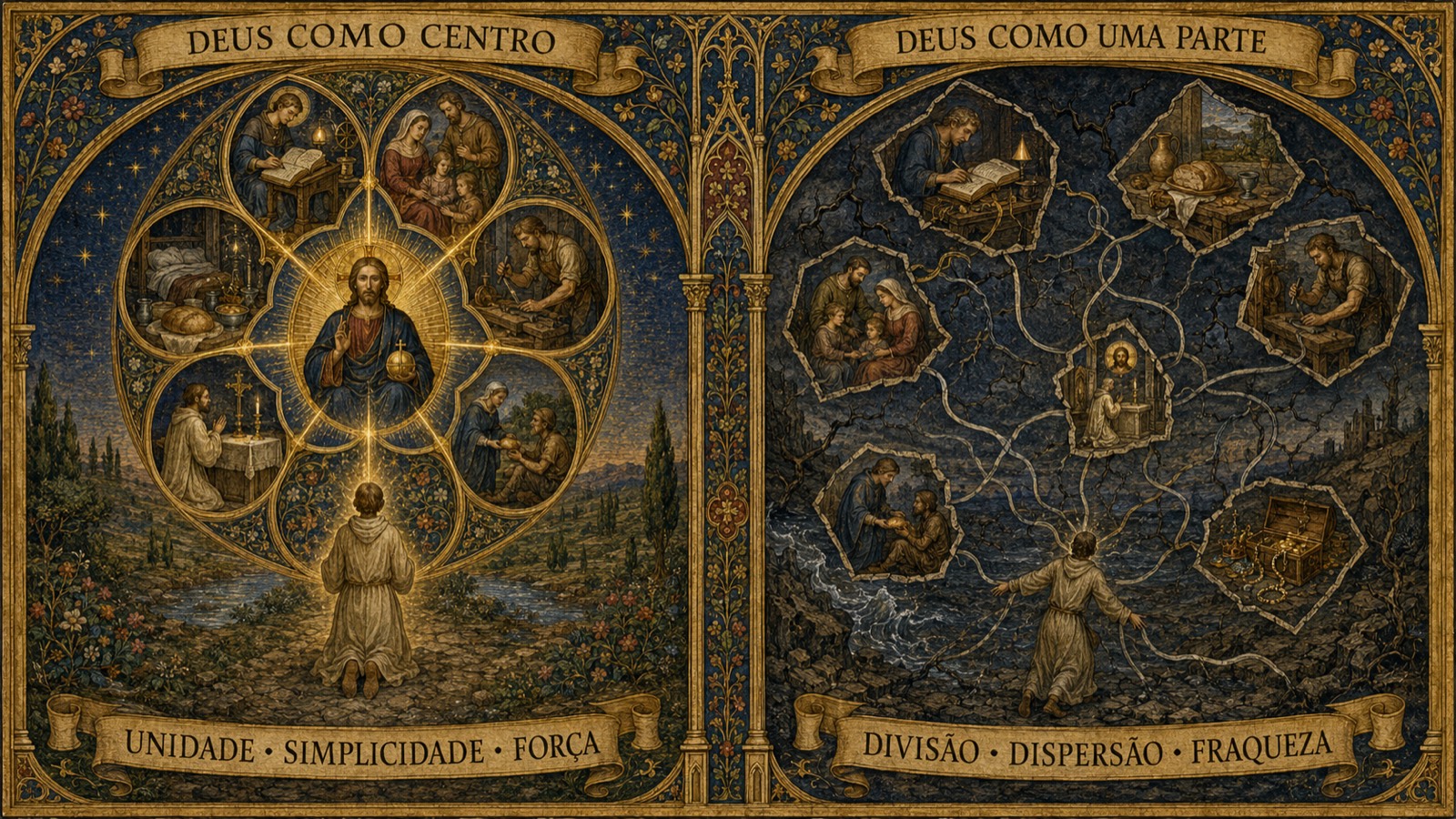 Díptico em estilo de manuscrito iluminado. À esquerda, sob o título Deus como centro, uma roseira de medalhões, o estudo, a família, o trabalho, o pão, a oração e a esmola, dispostos em torno de Cristo entronizado, de quem partem raios de ouro que unem todas as cenas; embaixo, um homem ajoelhado contempla o conjunto, e a legenda diz unidade, simplicidade, força. À direita, sob o título Deus como uma parte, as mesmas cenas aparecem em fragmentos de pedra rachada, dispersos e ligados por cordas emaranhadas que um homem de costas tenta segurar; a oração é apenas mais um dos fragmentos, do mesmo tamanho dos outros, e a legenda diz divisão, dispersão, fraqueza.