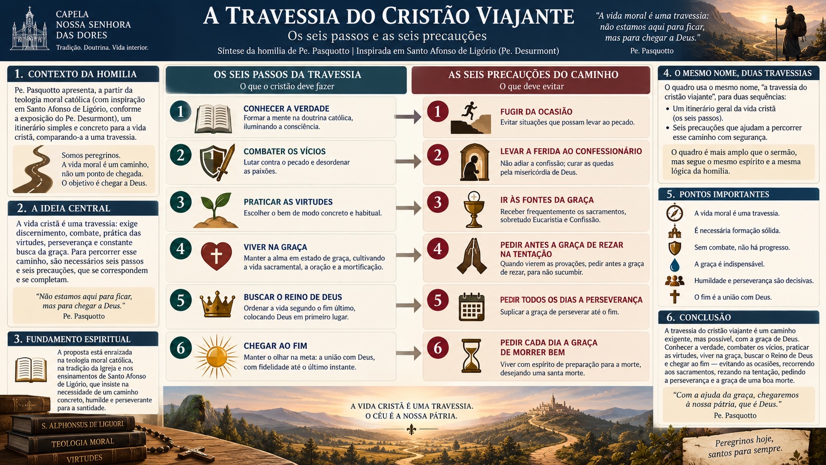 Quadro da travessia do cristão viajante: duas colunas lado a lado, os seis passos que o cristão deve dar e as seis precauções do caminho, ligados por setas de um a um, com o contexto da homilia à esquerda e os pontos importantes à direita.