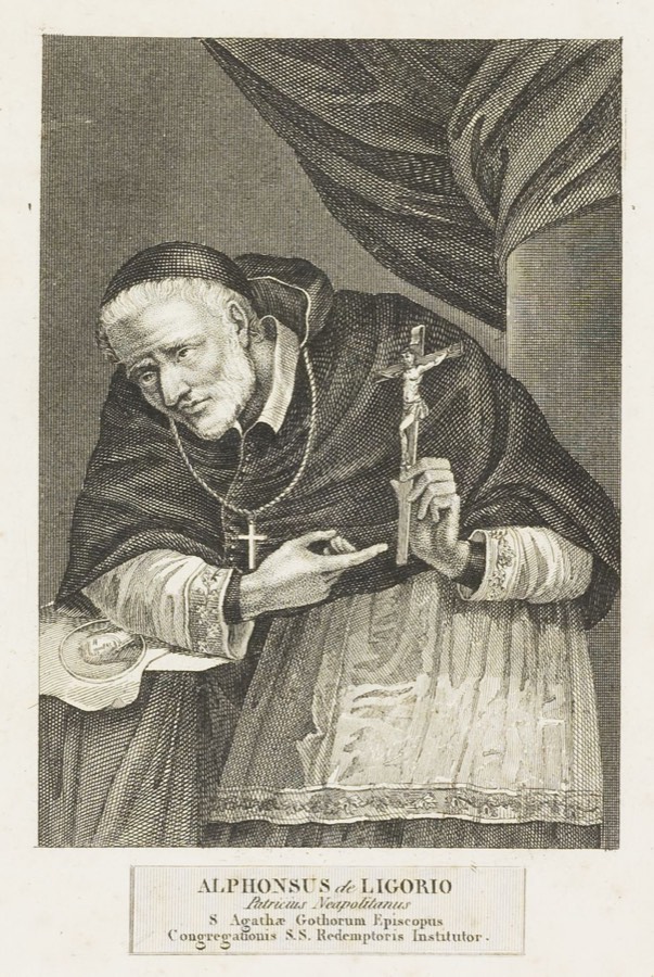 Gravura setecentista de Santo Afonso Maria de Ligório, de hábito, com um crucifixo na mão esquerda.