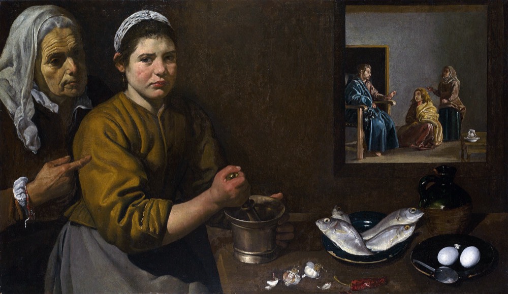 Cristo em casa de Marta e Maria, de Velázquez: a moça inquieta em primeiro plano e, ao fundo, o Senhor falando com Maria.