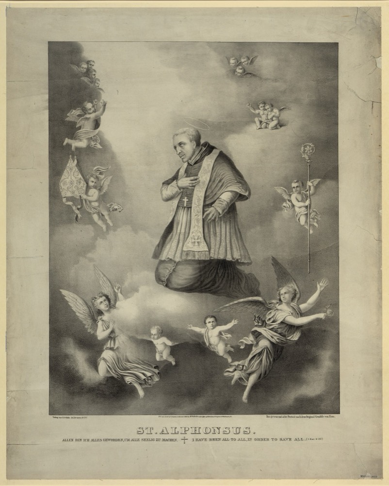 Litografia de Santo Afonso Maria de Ligório elevado entre nuvens e anjos.